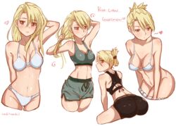 1girls artist_signature bikini blonde blonde_hair blush bra clothing english_text female female_only fullmetal_alchemist fullmetal_alchemist_brotherhood mikadzuki_eru panties plain_background riza_hawkeye short_shorts simple_background stockings text underwear white_background