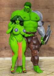 1boy 1girls 3d breasts_bigger_than_head female genderswap green-skinned_female green-skinned_male green_skin huge_breasts hulk hulk_(series) larger_male male marvel marvel_comics peter_parker planet_hulk saturnxart she_hulkress smaller_female straight weapon