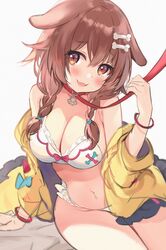 ayamy big_breasts blush bra brown_hair cleavage collar dog_ears dog_girl hazel_eyes hololive hololive_gamers hololive_japan inugami_korone kemonomimi leash navel open_clothes open_jacket panties solo virtual_youtuber