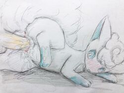 3:4 3_toes alolan_vulpix anus blue_eyes blue_nose blush bodily_fluids clitoris colored_pencil_(artwork) disembodied_penis ears_up eiroru female female_focus feral fluffy fluffy_tail fur genital_fluids genitals looking_at_genitalia lying male multi_tail nintendo on_side open_mouth penetration penis pokemon pokemon_(species) pussy pussy_juice regional_form_(pokémon) spread_legs spreading straight toes traditional_media_(artwork) vaginal_penetration video_games vulpix white_body white_fur