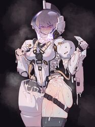 absurdres armor backpack bag blonde_hair breasts bukkake cum cum_on_body cum_on_breasts cum_on_clothes cum_on_hair cumdrip elbow_gloves facial female genderswap_(mtf) gloves highres hitobashira_(人柱) kojima_productions looking_at_viewer ludens mascot medium_breasts rule_63 shiny shiny_hair shiny_skin short_hair skindentation solo standing thigh_strap thighs victim_alice yellow_eyes