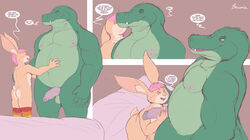 absurd_res anthro ass balls bed brownieclop clothing crocodile crocodilian crocodylid dialogues digital_media_(artwork) duo footwear foreskin furniture genitals girly hair hi_res humanoid_genitalia humanoid_penis kissing kissing_cheek lagomorph legwear leporid male male/male mammal mike_(brownieclop) multicolored_clothing multicolored_legwear multicolored_socks nipples nude open_mouth overweight overweight_anthro overweight_male penis rabbit rainbow_clothing rainbow_legwear rainbow_socks reptile scalie simple_background socks text tinval tongue uncut