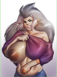 1girls big_breasts breasts_bigger_than_head disney disney_channel eda_clawthorne lifting_shirt milf nipples ph solo straight_hair the_owl_house white_hair