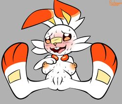 2020 anthro blush bodily_fluids breasts female front_view full-length_portrait fur furry furry_only genitals hi_res lagomorph mammal nintendo nude open_mouth pokémon_(species) pokemon portrait protagon pussy reclining scorbunny solo spread_legs spreading sweat tongue video_games