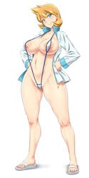 1girls alternate_breast_size alternate_hairstyle areolae bare_legs belly blue_eyes blush bottomless breasts breasts_out curvy eyelashes feet female female_only hand_on_hip hands_on_hips huge_breasts human human_only inverted_nipples jacket kasumi_(pokemon) large_breasts mound_of_venus navel nintendo nipples no_panties nude open_clothes open_shirt open_toe_shoes orange_hair plump pokemon pokemon_hgss pokemon_rgby pussy sandals shadow shaved_pussy shikuta_maru short_hair smile solo standing thick_thighs thighs toes topless uncensored white_background wide_hips