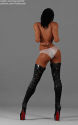 3d behind_view black_hair blizzard_entertainment boots dark-skinned_female dark_skin eyeshadow female fit_female high_heels latex latex_boots overwatch panties pharah simple_background solo solo_female standing tattoo thehounde viewed_from_behind white_panties