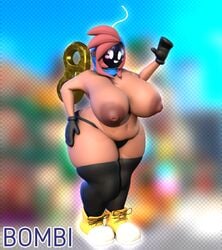 3d ass black_leggings black_skin bob-omb bomb bombi breasts brown_skin dark-skinned_female dark_skin fat fuse gloves huge_ass huge_breasts huge_butt key mario_(series) mob_face nintendo overweight red_hair round_head shy-bomb shy_gal simple_eyes simple_face windup windup_key