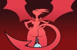 2020 anthro ass big_breasts big_butt breasts clothed clothing dave_(satina) demon duo female genitals hand_on_hip hands_on_hips horn human larger_female looking_back looking_down lucia_(satina) male male_human/female_anthro male_human/female_demon mammal milf mother nude paradox-sin pussy rear_view red_background red_body red_skin satina_wants_a_glass_of_water simple_background size_difference smaller_male standing thick_thighs video_games wide_hips wings yellow_eyes yellow_sclera