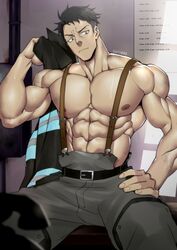 1boy abs akitaru_oubi bara biceps big_brother bodybuilder daddy dilf enen_no_shouboutai fire_force firefighter male_only muscles nipples pecs solo suspenders suyohara sweaty thick uncle