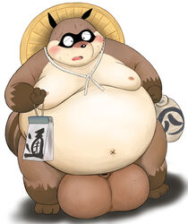 2012 anthro balls belly big_balls blush brown_body brown_fur buried_penis canid canine doguma-sin fur genitals hachiemon inuyasha male mammal moobs navel nipples obese overweight overweight_male penis raccoon_dog solo tanuki