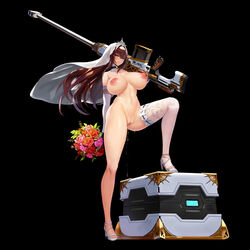 1girls anti-materiel_rifle areolae bangs black_background blush bouquet breasts breasts_apart brown_hair choker cleft_of_venus collar collarbone crate detached_collar dripping_pussy elbow_gloves feet female female_focus female_only floating_hair flower functionally_nude functionally_nude_female gloves gun holding_object last_origin light-skinned_female light_skin mature mature_female mature_woman model mr._yun official_art posing rifle_on_shoulder royal_arsenal royal_arsenal_(wedding_dress) smiling sniper_rifle standing third-party_edit veil weapon weapon_on_shoulder wet wet_pussy