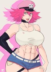 1girls abs blue_eyes capcom female_focus female_only fighter final_fight muscular_female pink_hair poison_(final_fight) simple_background solo street_fighter street_fighter_v zpark