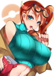 1girls alternate_breast_size aqua_eyes big_breasts eye_contact eyewear_on_head female glasses glasses_on_head large_breasts looking_at_viewer nintendo orange_hair pocky pokemon pokemon_ss ponytail side_ponytail sonia_(pokemon) sunglasses_on_head sweater tea_texiamato