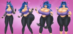 areolae blue_hair breast_expansion breasts expansion female hip_expansion looking_pleasured milf nipples pink_nipples purple_shirt saturnxart sequence transformation