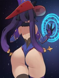 1girls ass back back_view bubble_butt female genshin_impact hat highleg_leotard holymeh large_ass large_hat leotard light-skinned_female light_skin looking_at_viewer mona_(genshin_impact) mona_ass twintails witch_hat