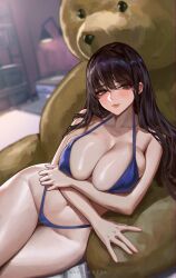 1girls absurd_res bikini black_hair blue_bikini blush breasts brown_eyes cleavage female hi_res huge_breasts large_breasts light-skinned_female light_skin long_hair original original_character sayanestia