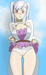 1girls aquila_(artist) black_clover blush breasts choker cleavage dress dress_lift hourglass_figure large_breasts layered_dress long_hair looking_at_viewer looking_down looking_down_at_viewer noelle_silva panties pink_eyes presenting presenting_pussy puffy_pussy silver_hair sky teenager thigh_gap thighs twintails white_panties