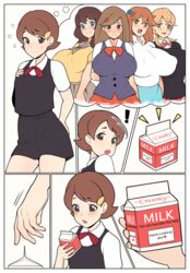 belka_dog blushing breast_envy brown_eyes brown_hair comic cuccoking milk milk_carton multiple_girls nipple_bulge school_uniform schoolgirl sequence short_hair