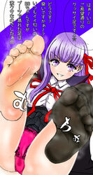 barefoot bb_(fate) black douraku fate/grand_order fate_(series) feet female grin legwear panties pov purple_eyes purple_hair single_sock smell smile steam sweat underwear