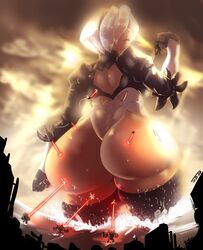 1girls ass back_view clouds colored curvaceous curvy female female_focus giant_robot giantess gloves huge_ass laser lighting looking_back nier:_automata ocean short_hair size_difference thaddeusmcboosh thick_thighs thighhighs thighs voluptuous white_hair yorha_2b