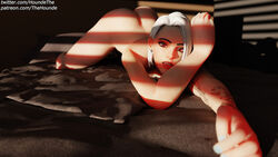 1girls 3d ashe_(overwatch) ass ass_up bed bed_butt's blizzard_entertainment butt earrings eyelashes eyeshadow female imminent_sex inviting_to_sex light-skinned_female light_skin looking_at_viewer medium_hair naughty_face nude on_bed overwatch red_eyes red_lipstick seductive_look short_hair slim solo solo_female sunset tattoo thehounde white_hair