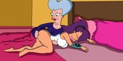 2girls age_difference anal anal_fingering bed bottomless chakoozie female female_only fingering fingering_ass futurama lying lying_on_stomach mom_(futurama) multiple_girls no_panties old_woman older_female pantless sleeping turanga_leela younger_female yuri