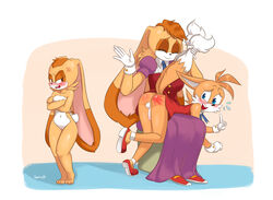 ass balls breasts clothing cream_the_rabbit crossdressing dress embarrassed femboy girly humanoid no_humans non-human non-human_only penis pussy sonic_(series) spanking sparkydb tails vanilla_the_rabbit