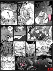 anthro bluebean bodily_fluids body_horror comic dialogue duo feral genitals group hi_res male monochrome nintendo penis pokémon_(species) pokemon pussy scared scyther speed_lines tapering_penis tentacle text video_games whimsicott