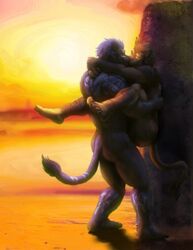 anal anthro beach bullstorm felid feline final_fantasy final_fantasy_xiv fur hi_res hrothgar kissing male male/male mammal moss muscular rock sea seaside square_enix sunset video_games water