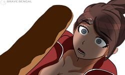 1boy 1girls asahina_aoi bravebengal brown_hair danganronpa drooling grey_eyes imminent_oral looking_at_viewer looking_up oral penis_shadow straight straight_hair surprised