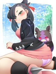 1girls ambiguous_gender ass black_hair blush boots breasts clothed clothed_female earrings eye_contact female female_focus female_only fully_clothed half-closed_eyes human looking_at_viewer looking_back marnie_(pokemon) morpeko nintendo panties photo pokémon pokemon pokemon_ss skirt skirt_lift solo solo_female solo_focus thick_thighs thighs twintails underwear video_games yashima young