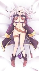 1girls absurdres alternate_costume alternate_eye_color belt bikini black_eyes blush breasts brown_gloves collarbone commission dakimakura_design eyebrows_visible_through_hair fire_emblem fire_emblem_awakening fire_emblem_heroes fizintine gloves highres large_breasts looking_at_viewer lying navel nintendo nipples o-ring o-ring_bikini o-ring_top official_alternate_costume on_back parted_lips purple_bikini purple_swimsuit pussy robin_(female)_(summer)_(fire_emblem) robin_(fire_emblem) robin_(fire_emblem)_(female) smile solo swimsuit tan tanline tanlines twintails uncensored white_hair