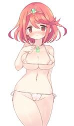 1girls bikini bikini_bottom bikini_top blush cameltoe earrings female hand_on_side head_ornament jewelry large_breasts looking_at_viewer micro_bikini nintendo nipple_bulge open_closed pyra red_eyes red_hair short_hair smile sweat sweating teu_(navy) thick_thighs white_bikini xenoblade_(series) xenoblade_chronicles_2