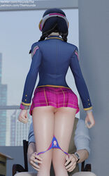 1boy 1girls 3d academy_d.va alternate_costume asian ass black_hair blizzard_entertainment braid braided_hair braided_twintails brown_eyes butt clothed cute d.va dat_ass eyelashes eyeliner female fringe glasses headphones light-skinned_female light-skinned_male light_skin male miniskirt overwatch panties_down panties_removed partially_visible_vulva pussy school_uniform schoolgirl shaved_pussy skinny skirt slim small_ass standing teenager thehounde undressing undressing_another