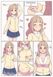 1girls aroused belka_dog blush bow breast_expansion brown_eyes cleavage clothed comic cuccoking drugs expansion female female_only heart long_hair measurements nipple_bulge pink_hair popped_button rumbling_stomach school_uniform schoolgirl sequence smile solo