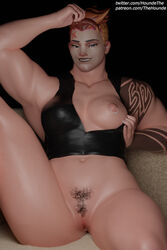 1girls 3d black_background breasts darkness female larger_female looking_at_viewer medium_breasts muscles muscular muscular_female nipple_piercing nipples orange_hair overwatch pierced_nipples piercing plain_background presenting_breasts pubic_hair short_hair simple_background sitting solo solo_female spread_legs tattoo thehounde zarya