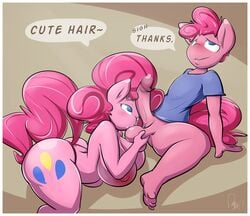 1boy 1girls 2017 anthro anthro_on_anthro areola ball_fondling ball_kissing balls big_breasts blue_eyes blush bodily_fluids border bottomless breasts bubble_berry_(mlp) clothed clothing cutie_mark dialogue duo english_text equid equine erection feet female female_anthro femboy femboy_on_female fondling friendship_is_magic genderswap genderswap_(ftm) genital_fluids genitals girly hasbro hetero hi_res humanoid_genitalia humanoid_penis kissing male male/female male_anthro male_anthro/female_anthro mammal my_little_pony nipples penis penis_on_face pink_tail pinkie_pie_(mlp) precum rule_63 sanders selfcest simple_background spread_legs spreading square_crossover straight straight_hair text thick_thighs white_border