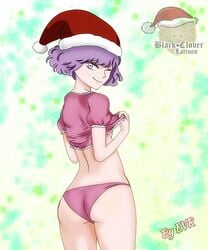 1girls ass black_clover christmas christmas_hat dorothy_unsworth excalibur_overdrive large_ass looking_at_viewer looking_back looking_back_at_viewer panties petite pink_hair pink_panties plain_background shirt_lift short_hair smile thick_ass thick_thighs thighs unusual_pupils watermark wink witch