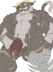 2020 5_fingers ahab_(tokyo_afterschool_summoners) anthro arm_tuft armpit_hair balls beard biceps big_penis biped bodily_fluids body_hair bovid chest_scar eye_scar eyebrows facial_hair facial_scar fingers flaccid foreskin fur genital_fluids genitals grey_body grey_fur hi_res holding_penis horn humanoid_genitalia humanoid_penis m0000rgn male male_only mammal moustache multicolored_body multicolored_fur muscular muscular_anthro muscular_male navel nipples old pecs penis pipe precum red_nipples red_nose ring scar simple_background solo tokyo_afterschool_summoners tuft two_tone_body two_tone_fur uncut vein veiny_penis video_games white_background white_body white_eyebrows white_fur