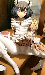 alternate_version_available black_clover black_hair cafe clothed dress_lift flats food fully_clothed horns ioemi legs_apart legs_spread looking_at_viewer maid maid_apron maid_headdress maid_uniform on_table pantyhose petite presenting presenting_pussy red_eyes secre_swallowtail short_hair small_breasts smile smirk smug spread_legs thighs window