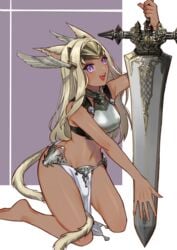 1futa animal_ears barefoot blonde_hair bulge cat_ears cat_tail clothed clothing da3iann dark_skin final_fantasy final_fantasy_xiv futa_only futanari humanoid humanoid_penis intersex kemonomimi kneeling l'fah_morcant loincloth miqo'te partially_clothed purple_eyes solo solo_futa sword trans_woman transfem weapon