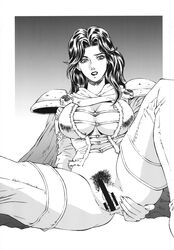 1girls 2012 big_breasts breasts brown_hair cape censor_bar censored curvaceous dripping dripping_pussy female female_only greyscale hokuto_no_ken huge_breasts human large_breasts leggings lipstick long_hair looking_at_viewer partially_clothed pubic_hair pussy rippadou shoulder_pads shounen_jump solo spread_legs spread_pussy wet_pussy yuria_(hokuto_no_ken)