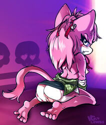 aeris_(vg_cats) animal_crossing anthro blue_eyes breasts clothed clothing domestic_cat felid feline felis female fur genitals hair isabelle_(animal_crossing) mammal nintendo nipples pink_body pink_fur pink_hair pussy scott_ramsoomair solo vg_cats vglewds video_games webcomic