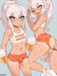 2boys beer blue_eyes blush borrowed_character cody_(dross) creampie cum cum_in_ass cum_while_penetrated cumshot femboy femboy_hooters hooters hooters_uniform jtveemo male male_only motion_blur petite ripped_clothing sissy solo_focus tanline torn_clothes white_hair