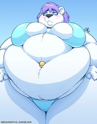 2019 bbw bear belly_button_piercing big_breasts big_stomach bikini blue_eyes blush clothing cyan_bikini earrings embarrassed fat female female_focus female_only huge_breasts nekocrispy obese obese_female overweight overweight_female polar_bear presenting purple_hair simple_background snow_(nekocrispy) squish ssbbw thick_thighs ursid white_fur