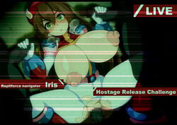 1girls big_areola big_breasts big_nipples blush breasts_bigger_than_head breath brown_hair censored clothed_sex double_handjob exposed_breasts filming frown green_eyes handjob holding_penis hostage huge_breasts iris_(mega_man) large_breasts livestream mega_man mega_man_x mosaic_censoring multiple_boys news rape recording reluctant semikichi spread_legs squatting squatting_cowgirl_position tagme thick_thighs torn_clothes torn_pantyhose vaginal_penetration visible_breath