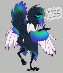 2020 4_toes anisodactyl ankle_ring anthro anus ass beak black_feet blue_sclera blue_tongue digit_ring english_text feather_hair feathered_wings feathers female full-length_portrait genitals grey_background hi_res jewelry looking_at_viewer looking_back looking_back_at_viewer multicolored_body open_beak open_mouth ovens piercing portrait presenting presenting_hindquarters pseudo_hair pussy rear_view ring simple_background solo speech_bubble text toe_ring toes tongue tongue_piercing tongue_stud wings