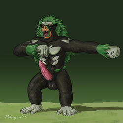 2020 5_fingers 5_toes ahoge ape arm_tuft balls digital_media_(artwork) erection feral fingers fist fur genitals gloves_(marking) green_hair grey_body grey_fur hair haplorhine hi_res leaf leaf_hair leg_markings male mammal mane mane_hair markings multicolored_body multicolored_fur muscular muscular_male nintendo open_mouth orange_body orange_eyes orange_fur penis plant plant_hair plantigrade pokémon_(species) pokemon primate pseudo_hair pupils rillaboom semi-anthro simple_background socks_(marking) solo standing t-ace_juice toes tuft video_games white_pupils