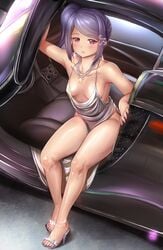 1girls azur_lane car cleavage_dress cosplay cute dress finalcake fingernails high_heels jewelry julianne_stingray mclaren_p1 nail_polish necklace petite_breasts pink_eyes pink_nails shiny_clothes st._louis_(azur_lane) st._louis_(luxurious_wheels)_(azur_lane) tagme thighs toenail_polish toenails va-11_hall-a violet_hair