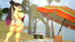 1girls 3d 3d_(artwork) alternate_version_available ass back barefoot beach beach_towel beach_umbrella big_ass big_breasts big_butt big_thighs bikini black_hair breasts bubble_ass bubble_butt butt callie_(splatoon) curvy female female_only half-closed_eyes hand_on_ass hand_on_butt holding_drink light-skinned_female light_skin long_hair looking_at_viewer looking_back looking_back_at_viewer nintendo picnic_basket pink_bikini pink_eyes pointy_ears sideboob solo splatoon sunglasses sunglasses_on_head thick thick_ass thick_butt thick_hips thick_thighs thighs wide_hips